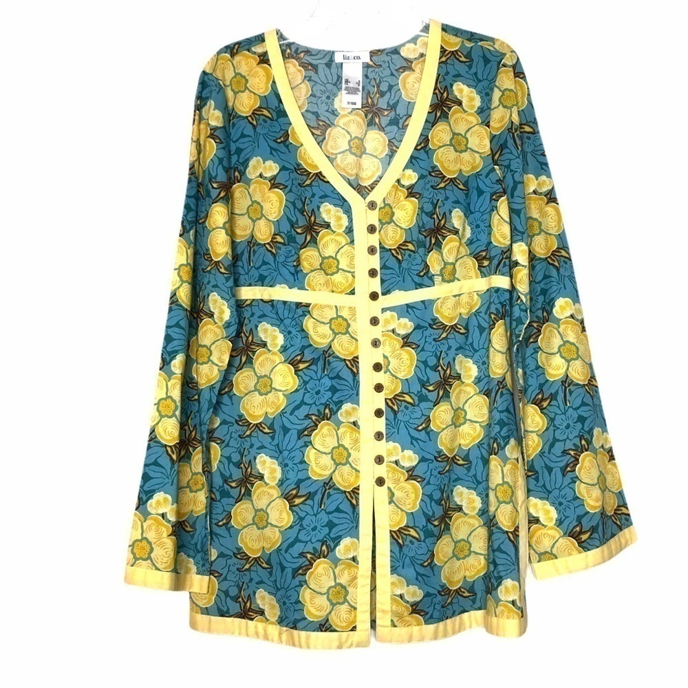LIZ & CO. Long ​Sleeve Retro Floral Teal Blue & Yellow Cotton Blouse- Size Small